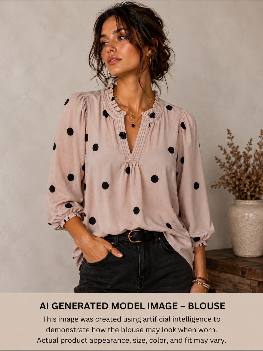 Worthington Pink Polka Dot Blouse Ruffled 3/4 Sleeves V-Neck Ruffled Neckline